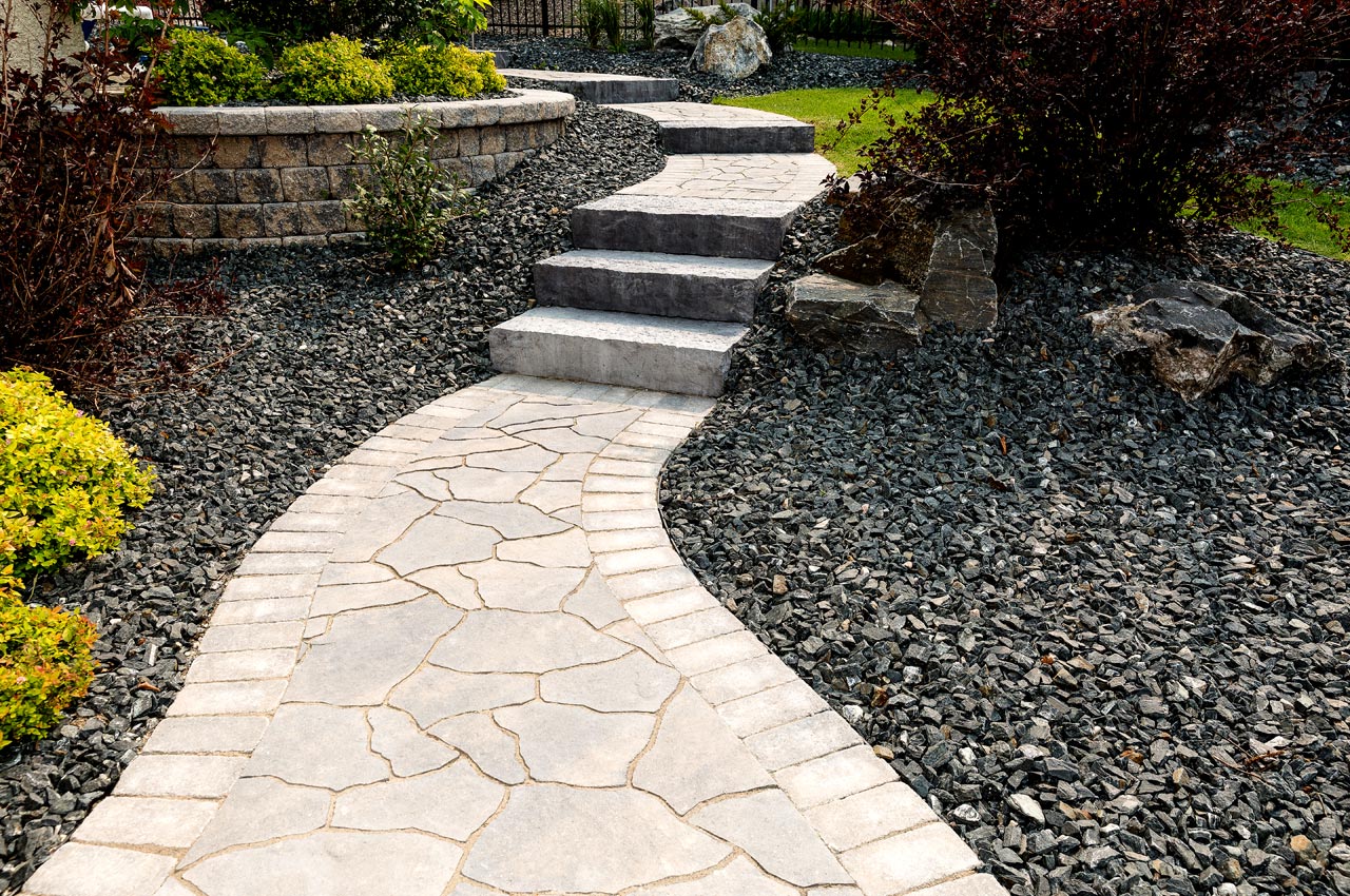 Flagstone Paver Path with Roman Edging and Rosetting Dimensional Step